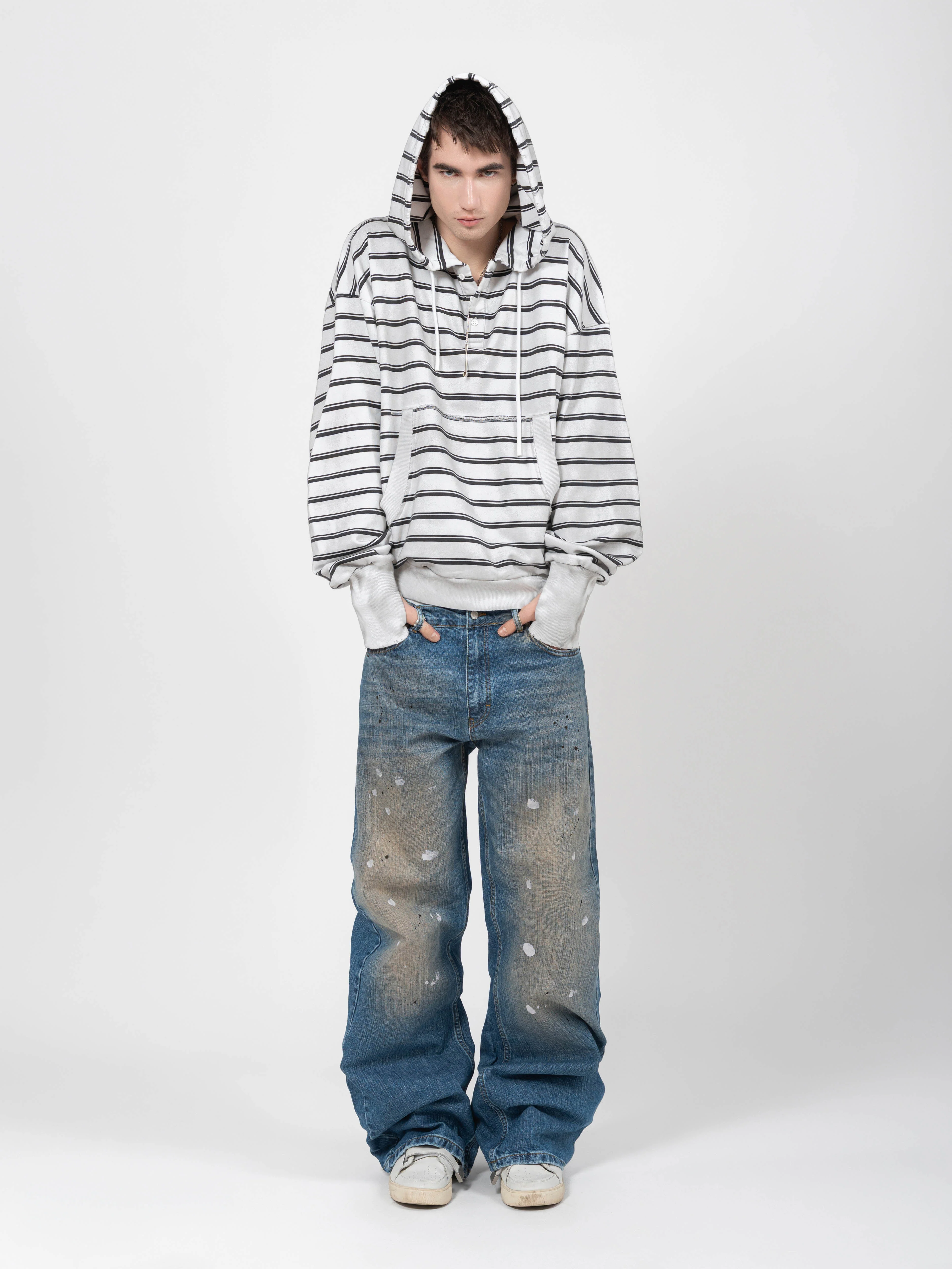HENLEY HOODIE - WHITE STRIPED - Image 3