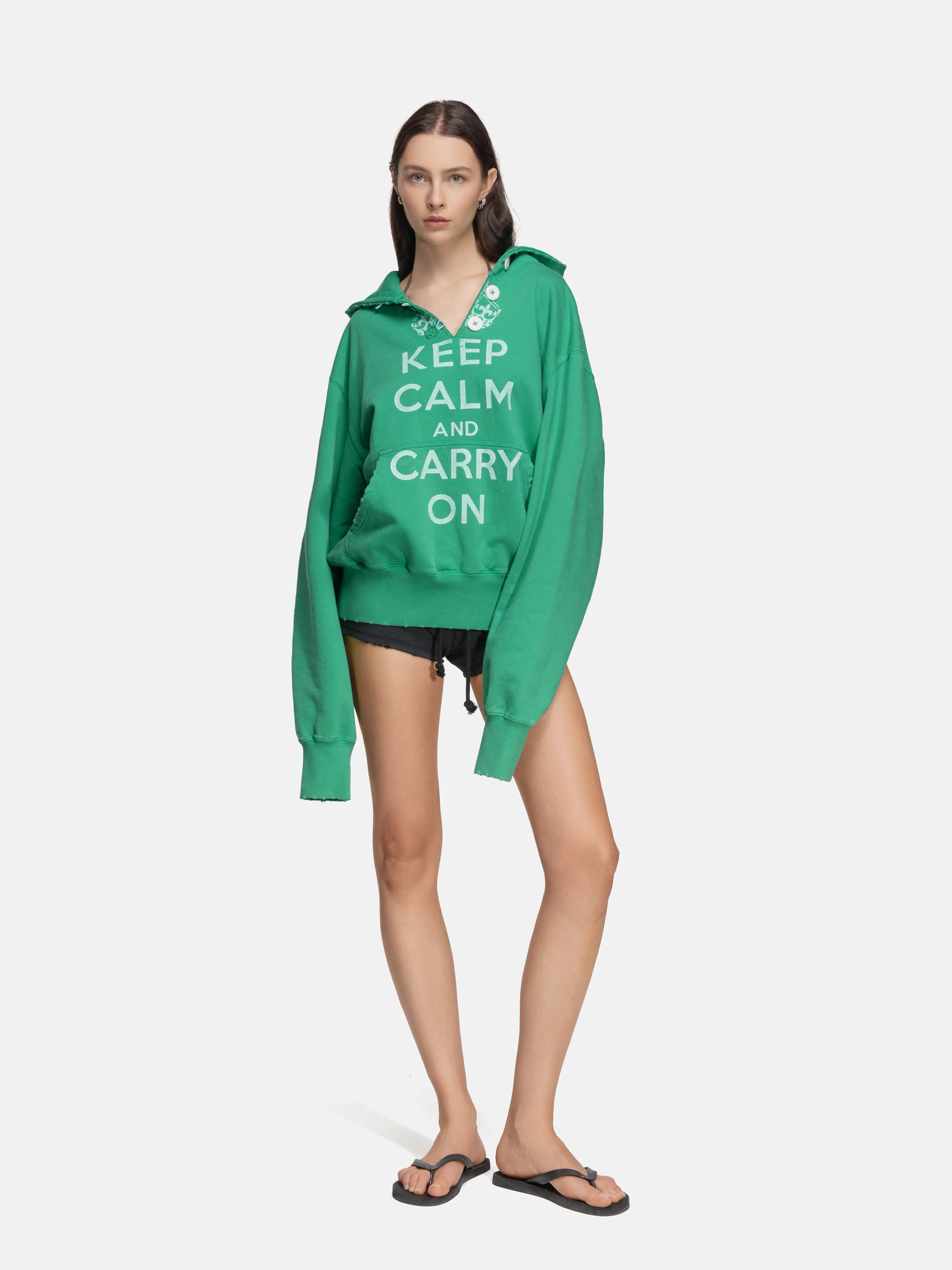 RIPPED COLLAR HOODIE - GREEN KEEP CALM - Image 5